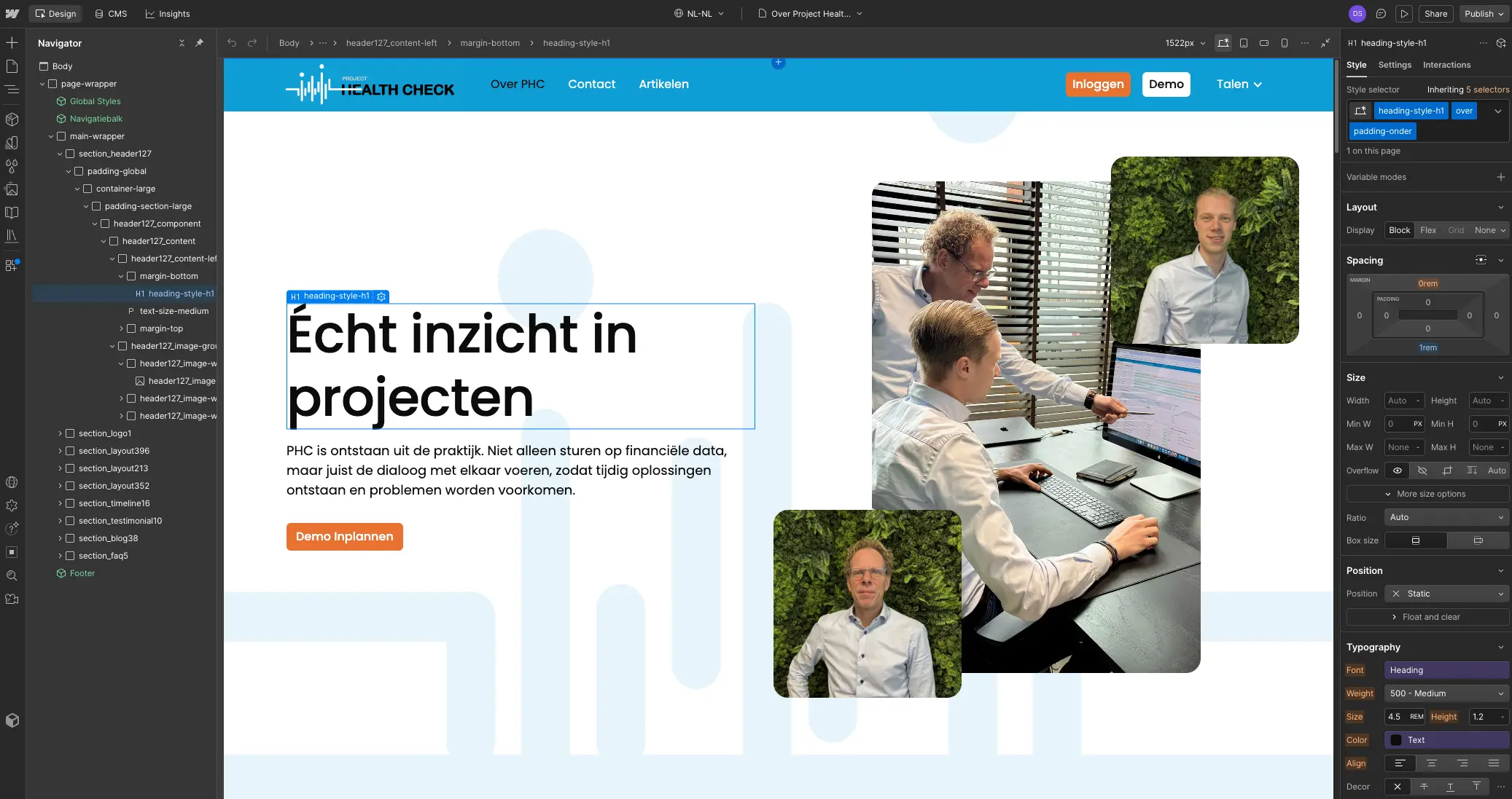 De website in aanbouw in Webflow